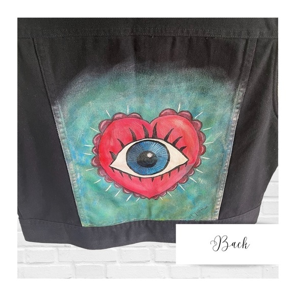 Hand Painted Evil Eye Black Denim Jean Jacket St John’s Bay Size Women’s Med … - Picture 2 of 8